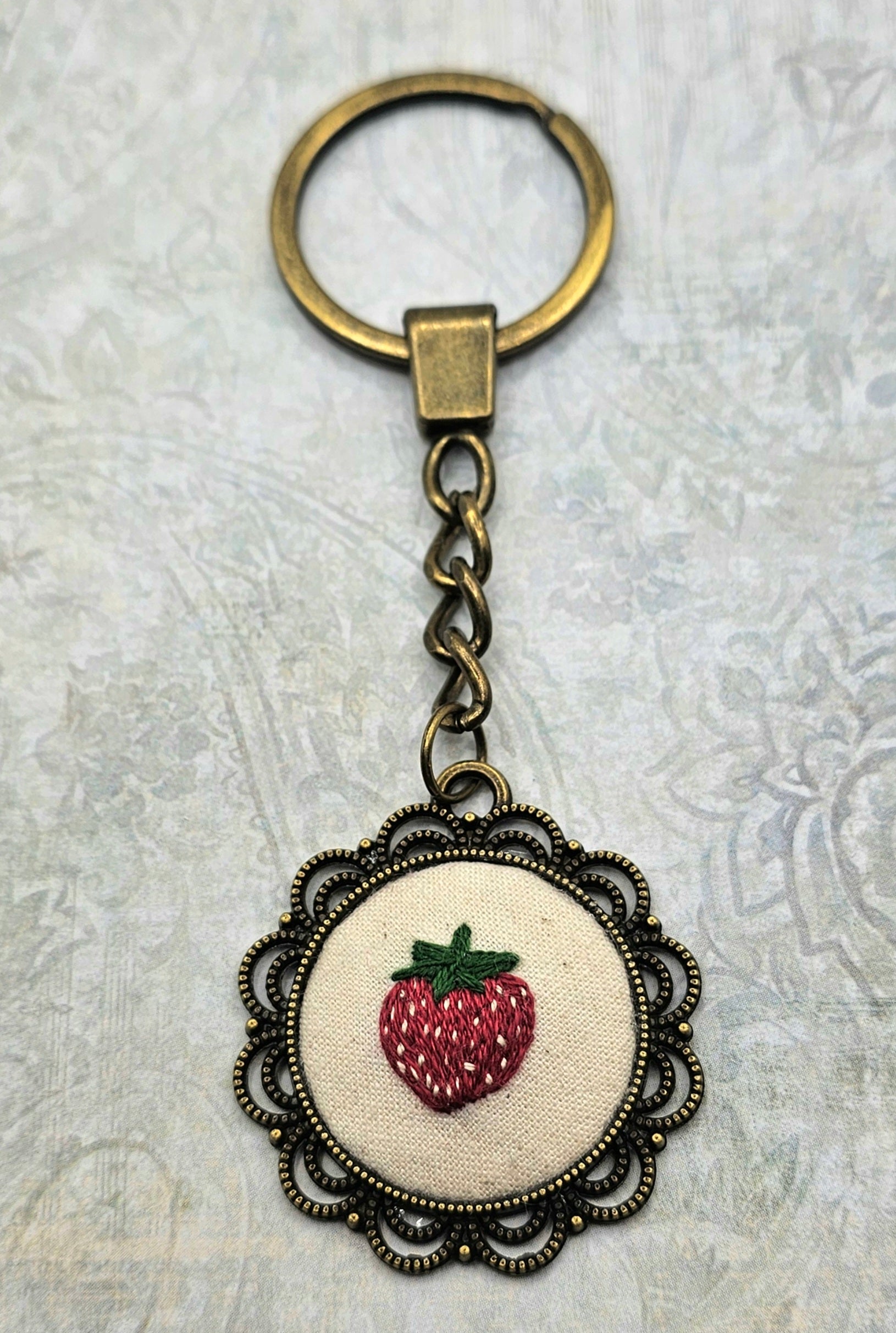 Hand, embroidery, strawberry, fruit, key, chain, accessories, fun, new, sale