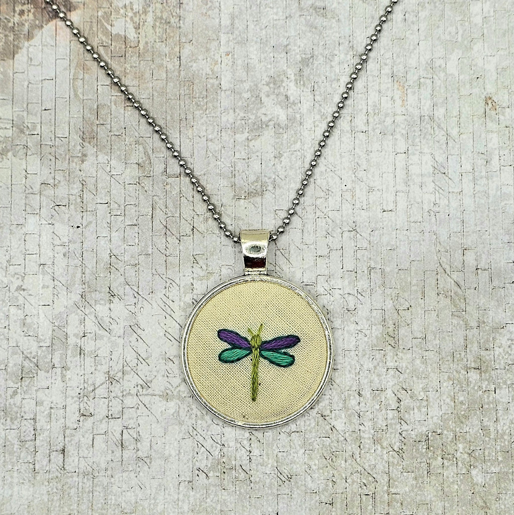 Dragonfly Necklace - Silver - Hand Embroidery