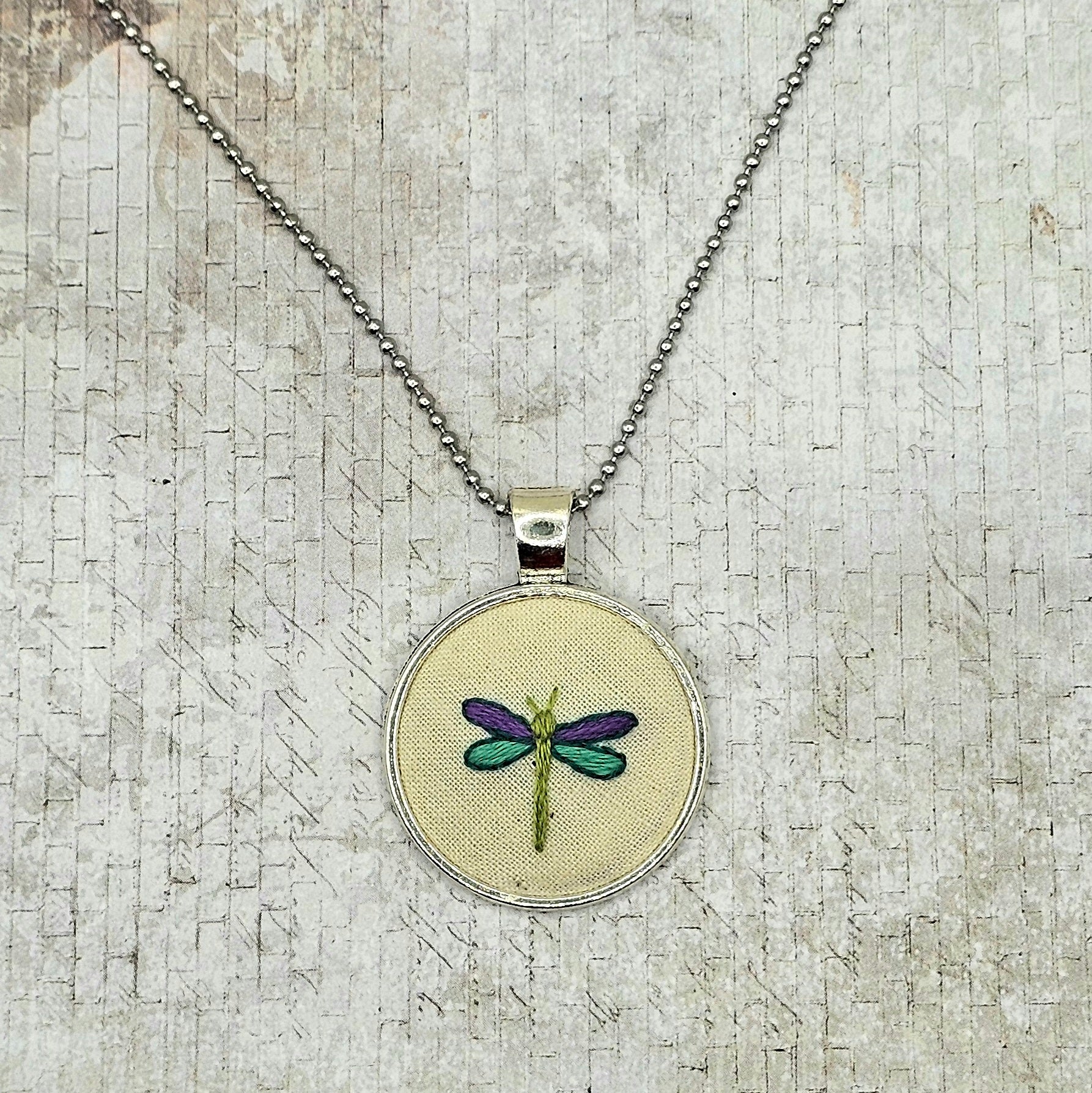 Dragonfly Necklace - Silver - Hand Embroidery