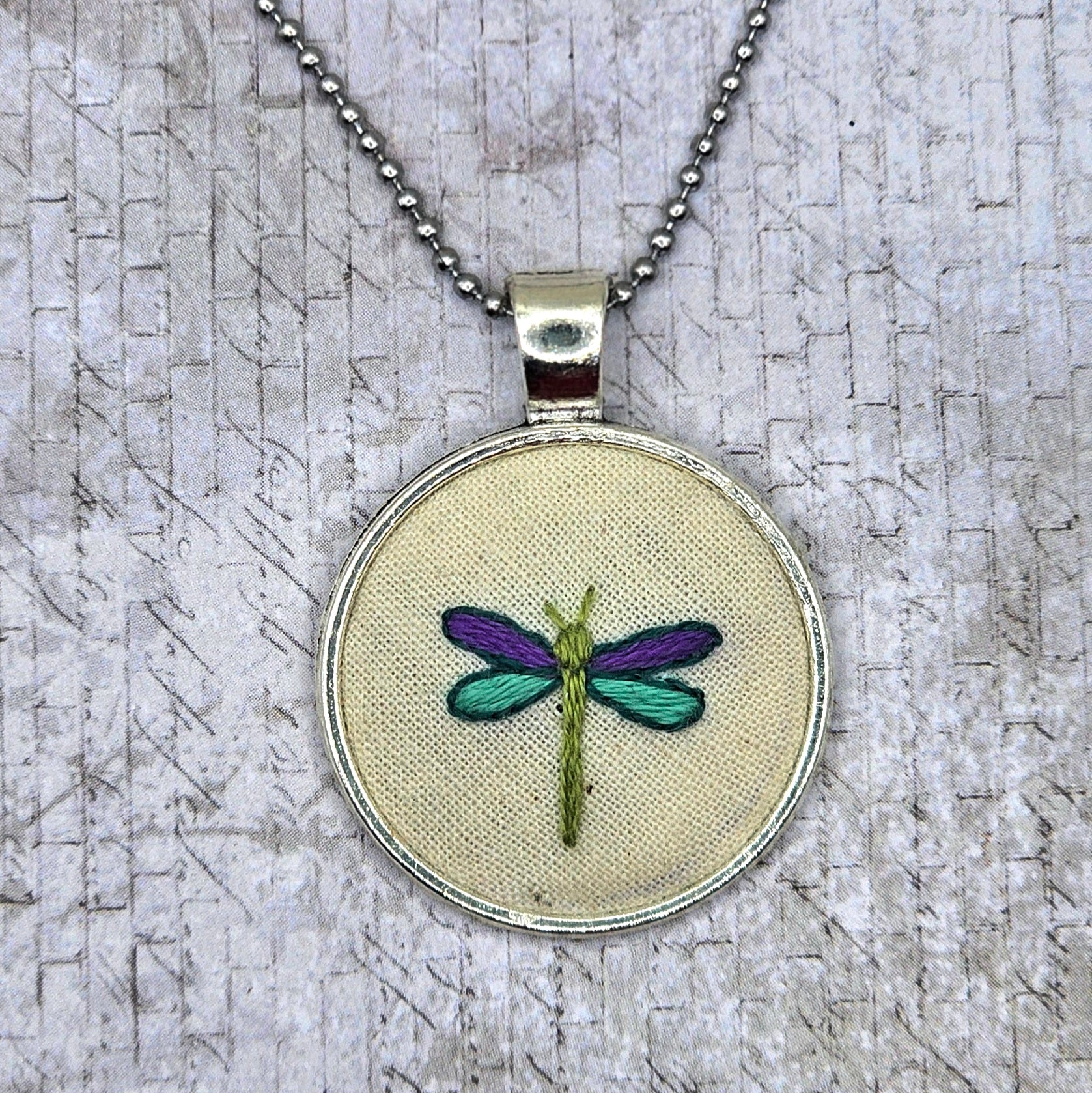 Dragonfly Necklace - Silver - Hand Embroidery