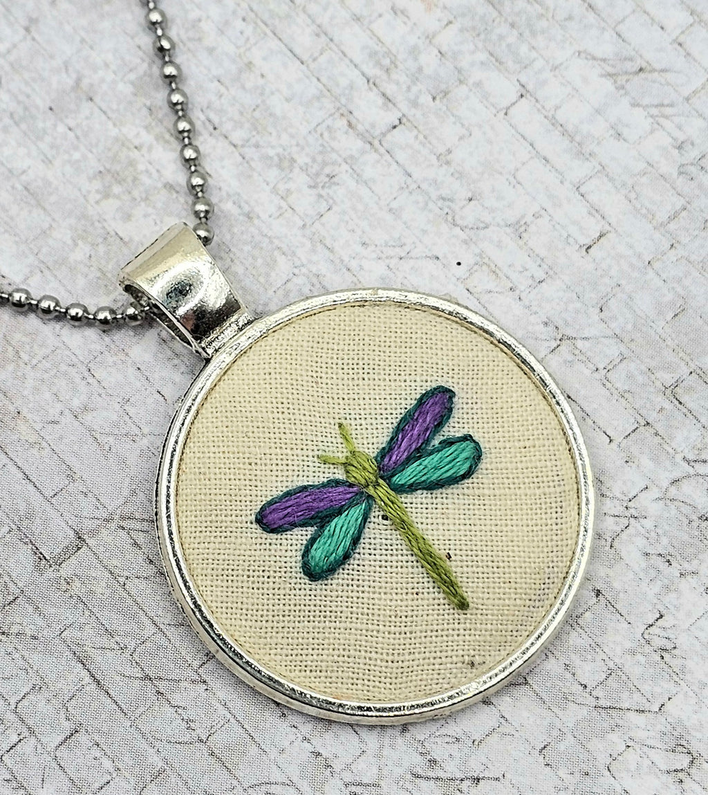 Dragonfly Necklace - Silver - Hand Embroidery