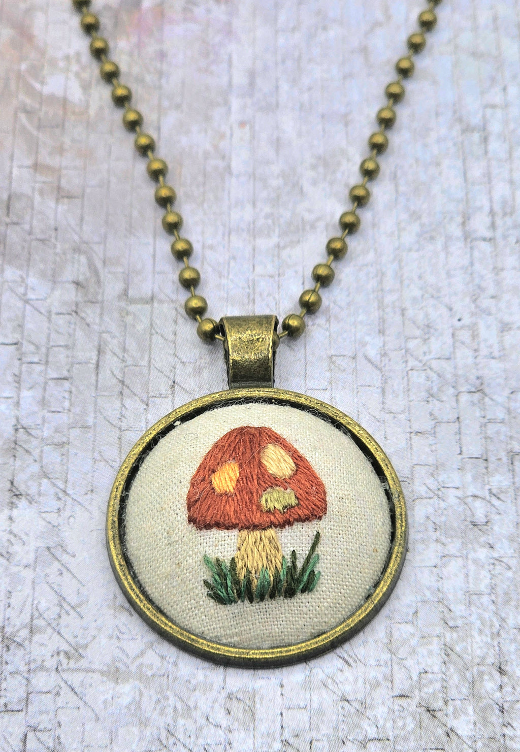Mushroom Necklace -  Brass - Hand Embroidery