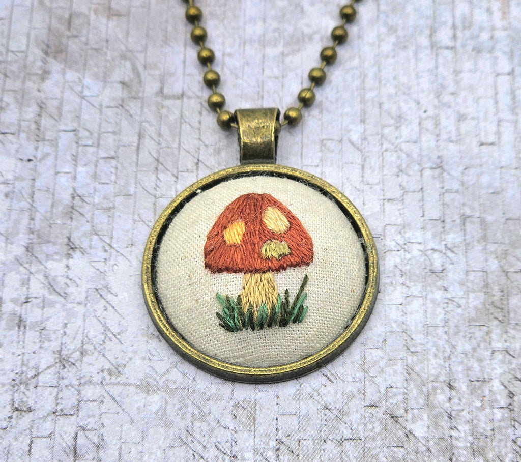 Mushroom Necklace -  Brass - Hand Embroidery