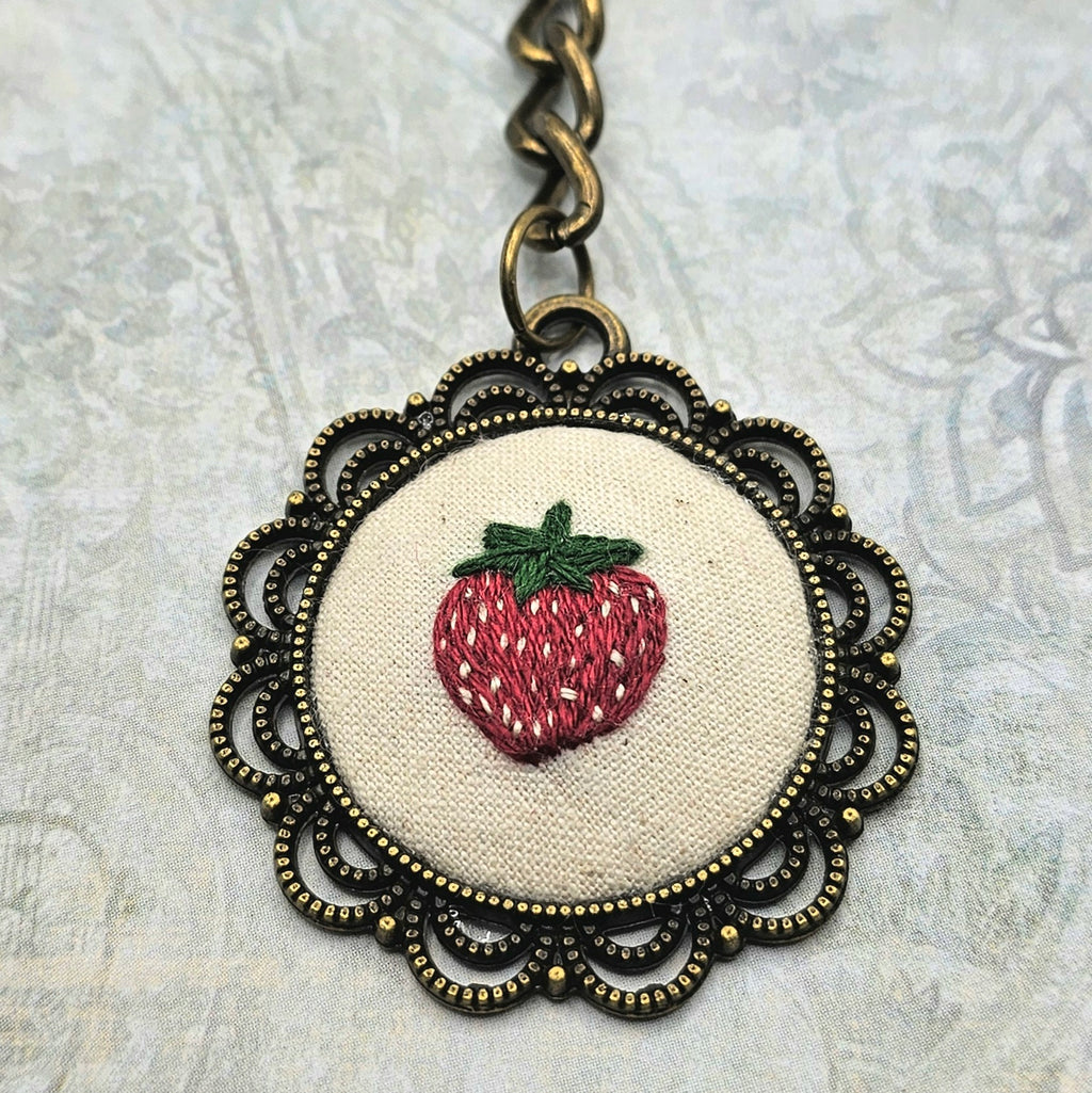 Strawberry Keychain - Brass - Hand Embroidery