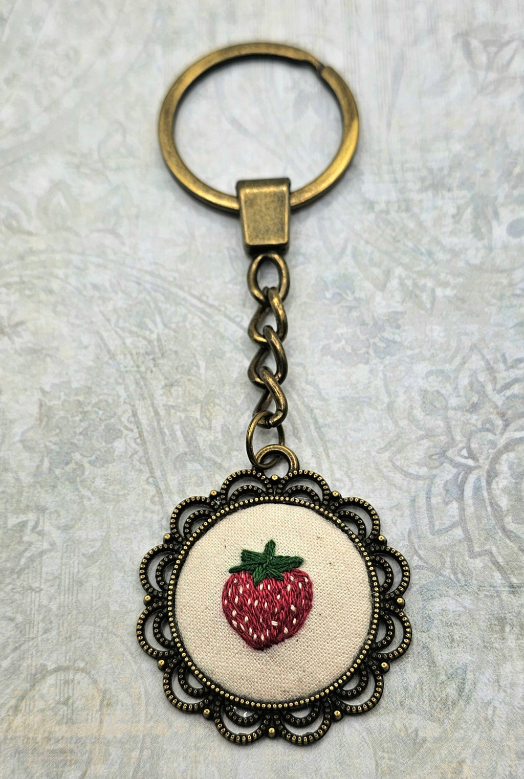 Strawberry Keychain - Brass - Hand Embroidery