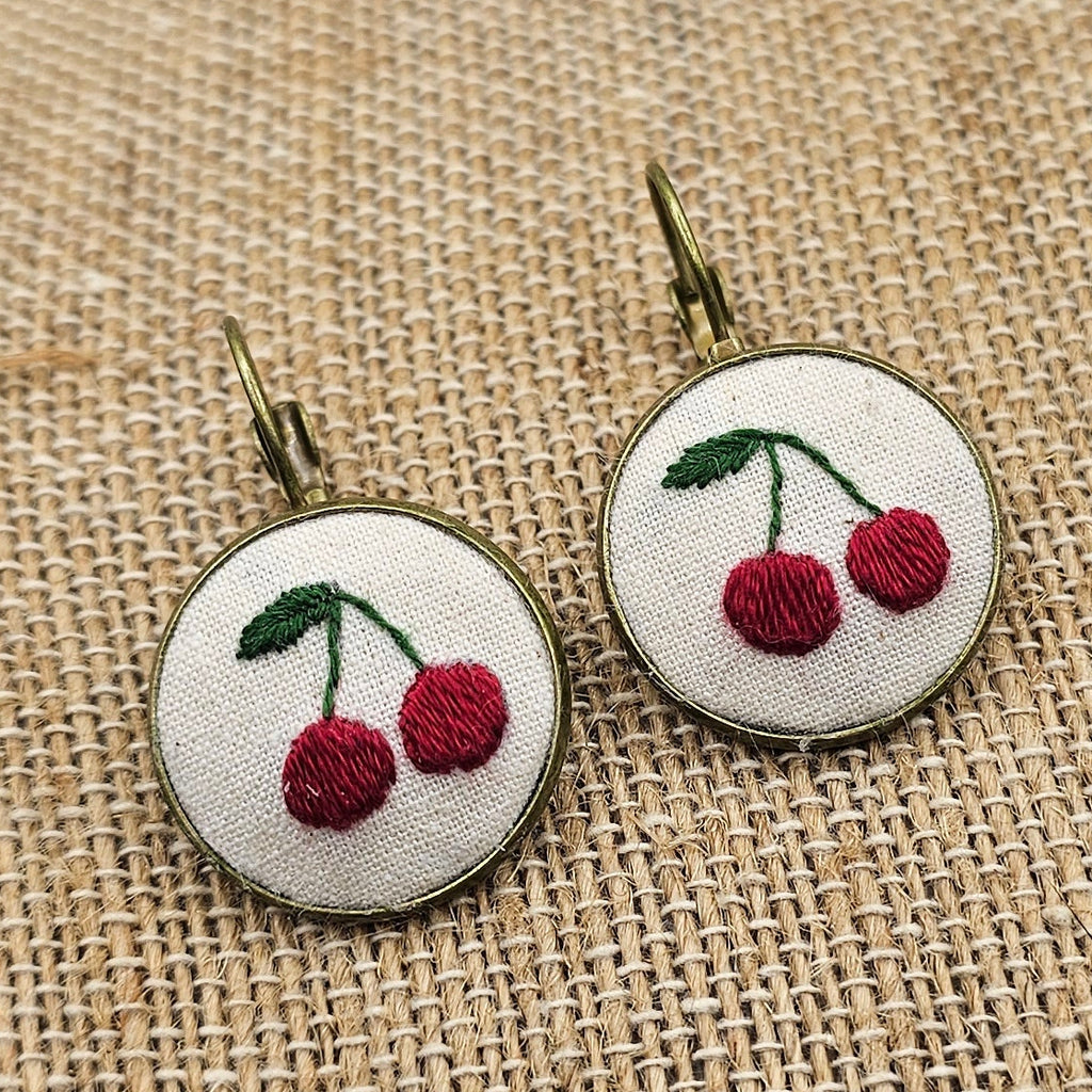 Cherry Earrings - Brass - Hand Embroidery