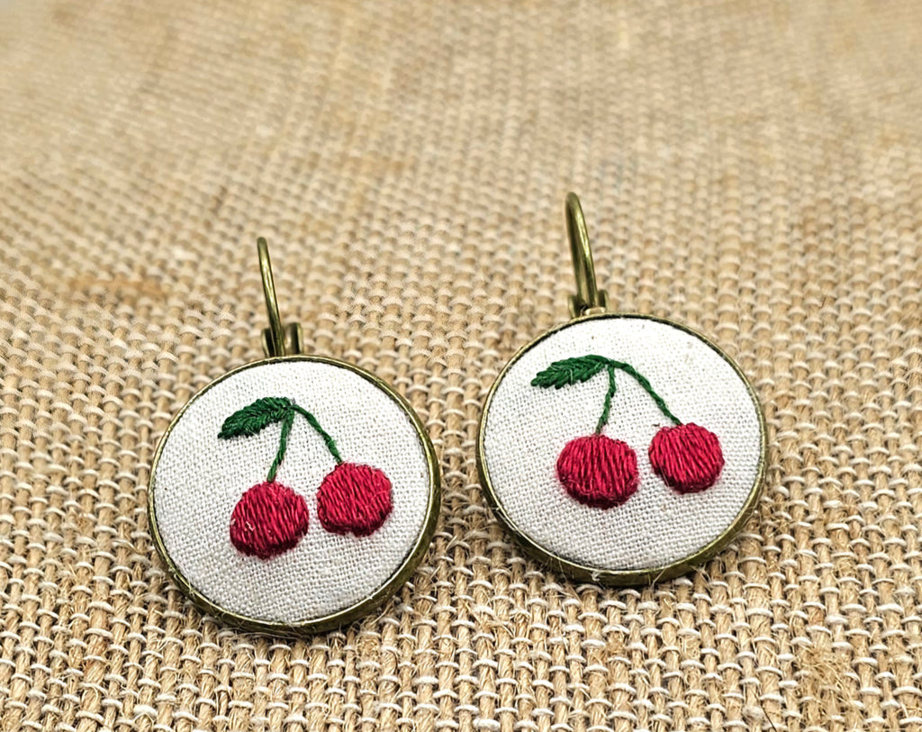 Cherry Earrings - Brass - Hand Embroidery