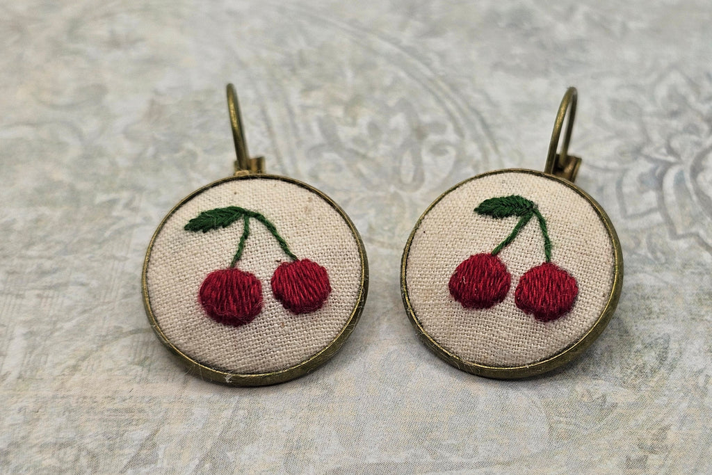 Cherry Earrings - Brass - Hand Embroidery
