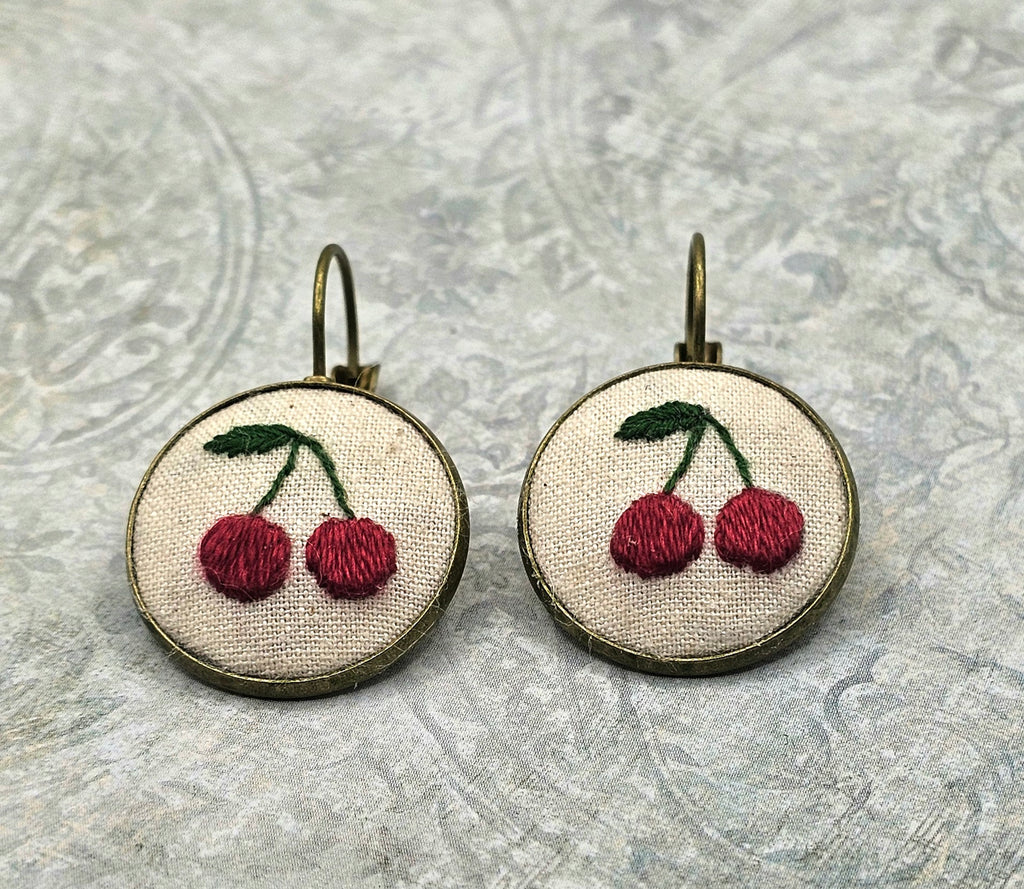 Cherry Earrings - Brass - Hand Embroidery
