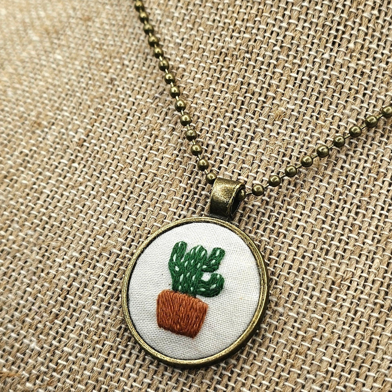 Cactus Necklace -Brass - Hand Embroidery