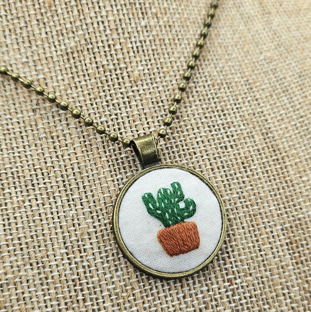 Cactus Necklace -Brass - Hand Embroidery