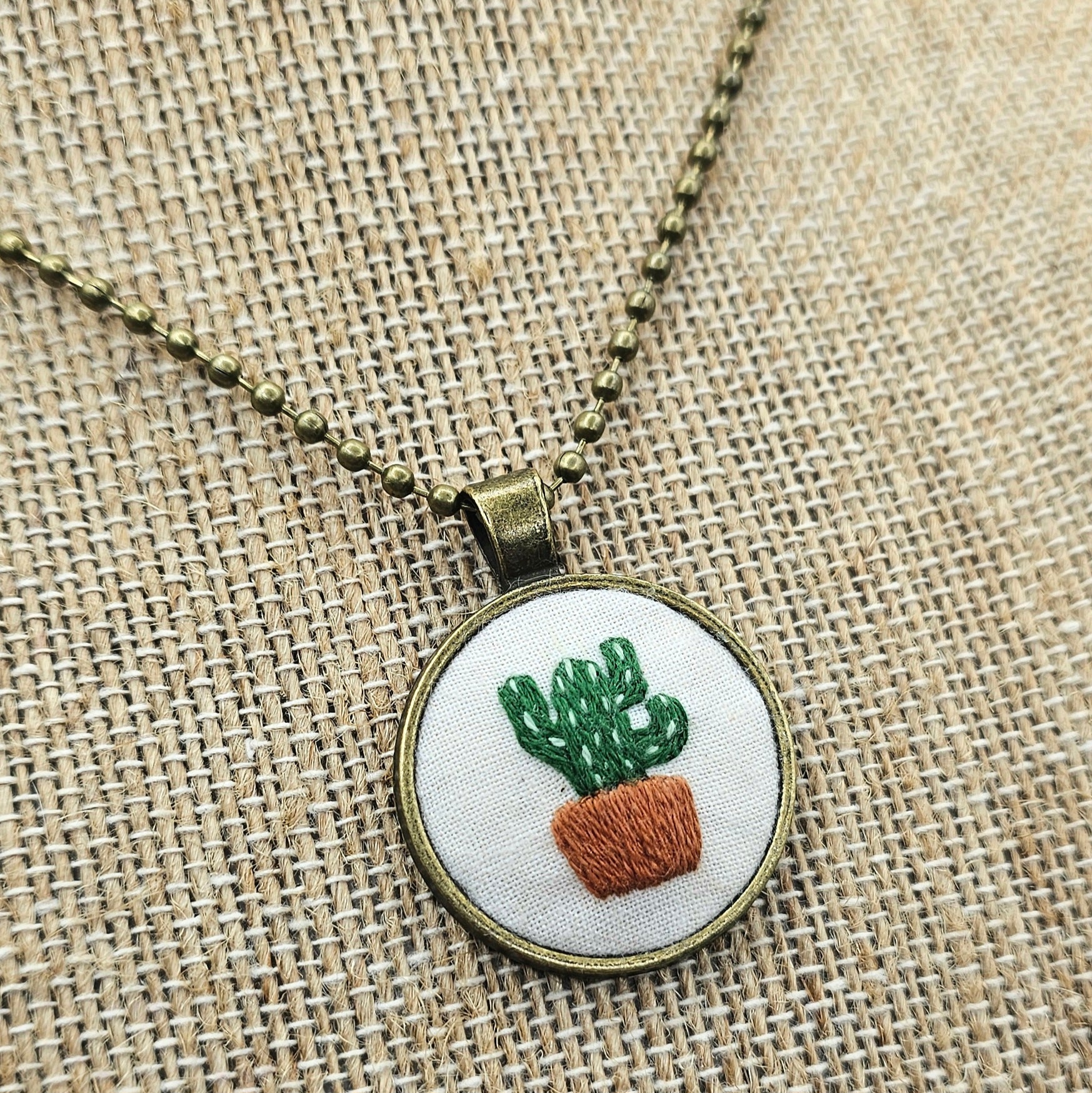 Cactus Necklace -Brass - Hand Embroidery