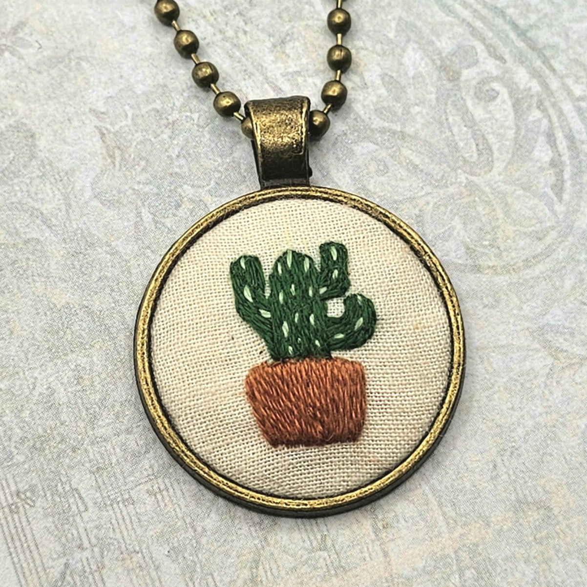 Cactus Necklace -Brass - Hand Embroidery