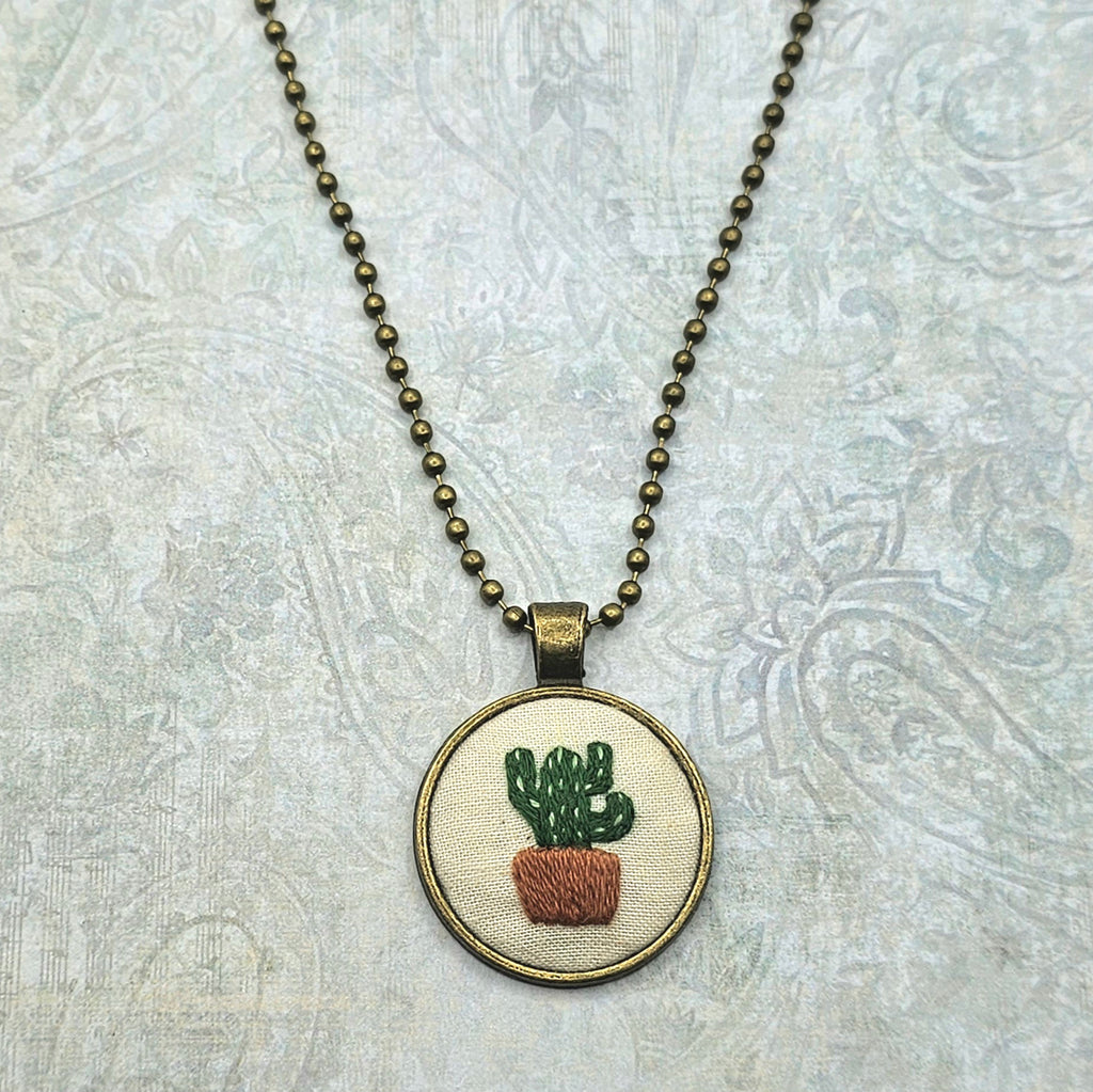 Cactus Necklace -Brass - Hand Embroidery