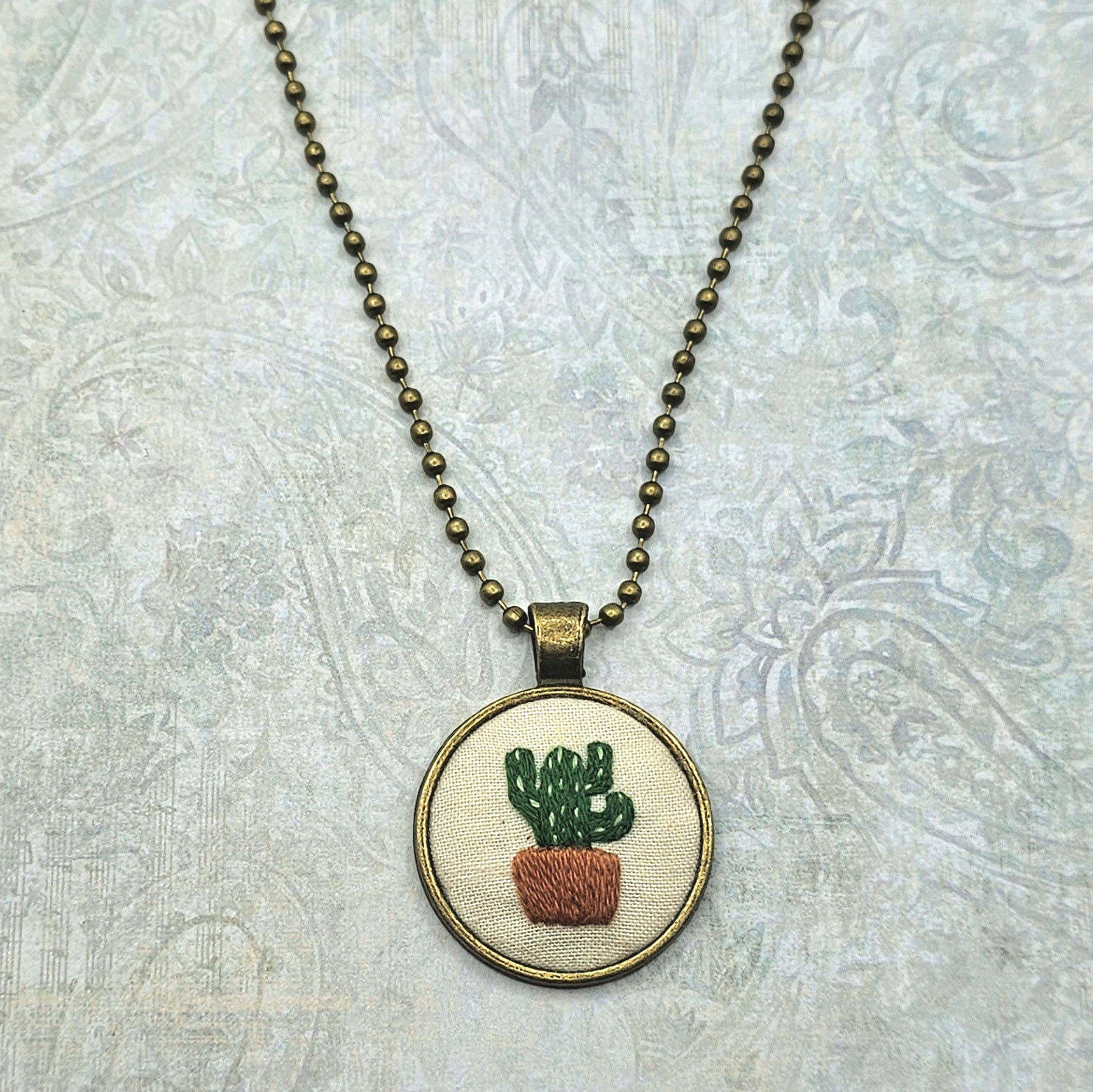Cactus Necklace -Brass - Hand Embroidery