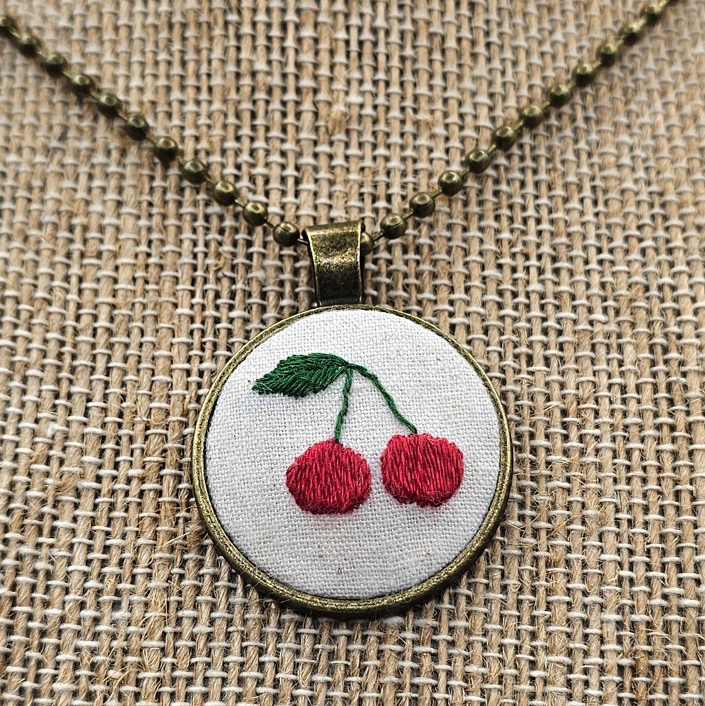 Cherry Necklace - Brass - Hand Embroidery