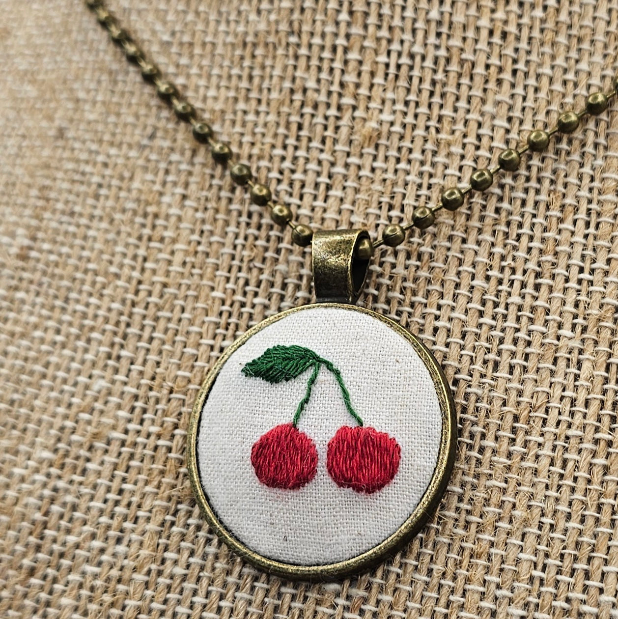 Cherry Necklace - Brass - Hand Embroidery