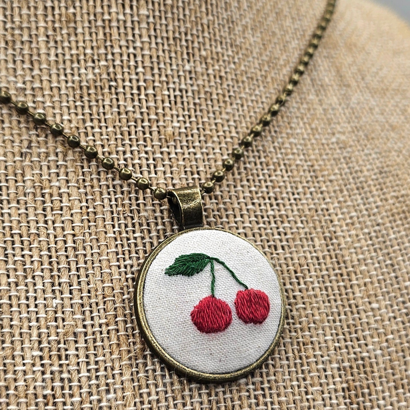 Cherry Necklace - Brass - Hand Embroidery