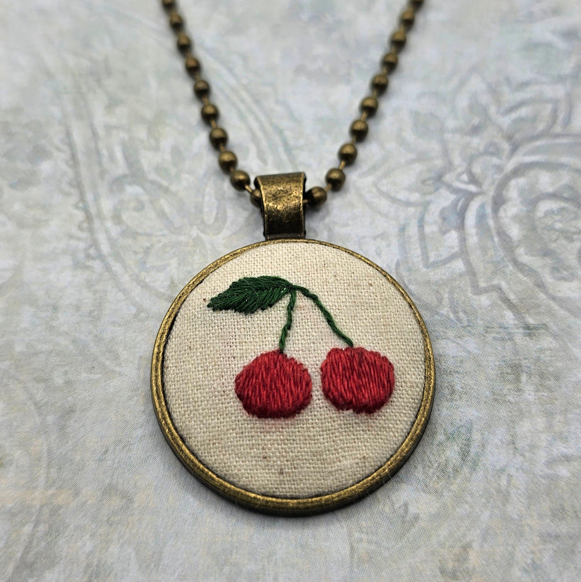 Cherry Necklace - Brass - Hand Embroidery