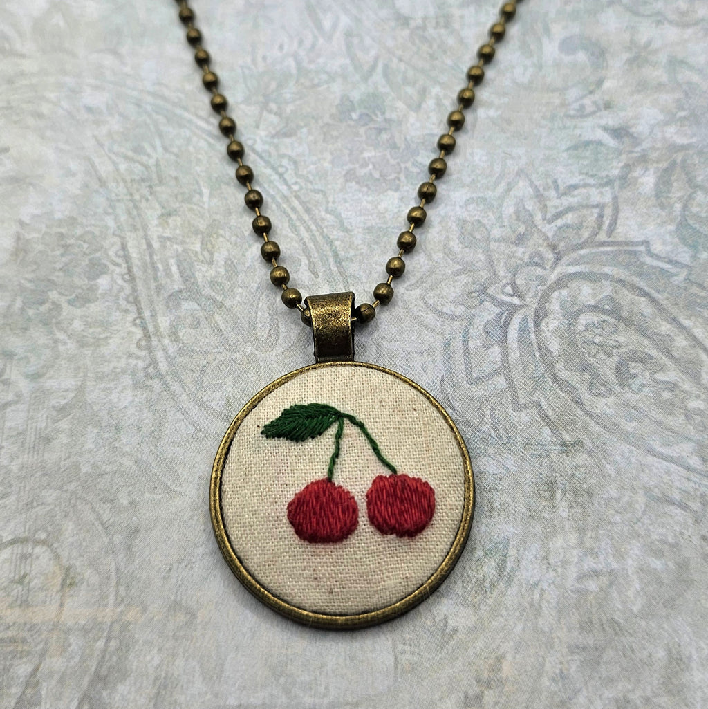 Cherry Necklace - Brass - Hand Embroidery