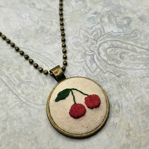 Cherry Necklace - Brass - Hand Embroidery