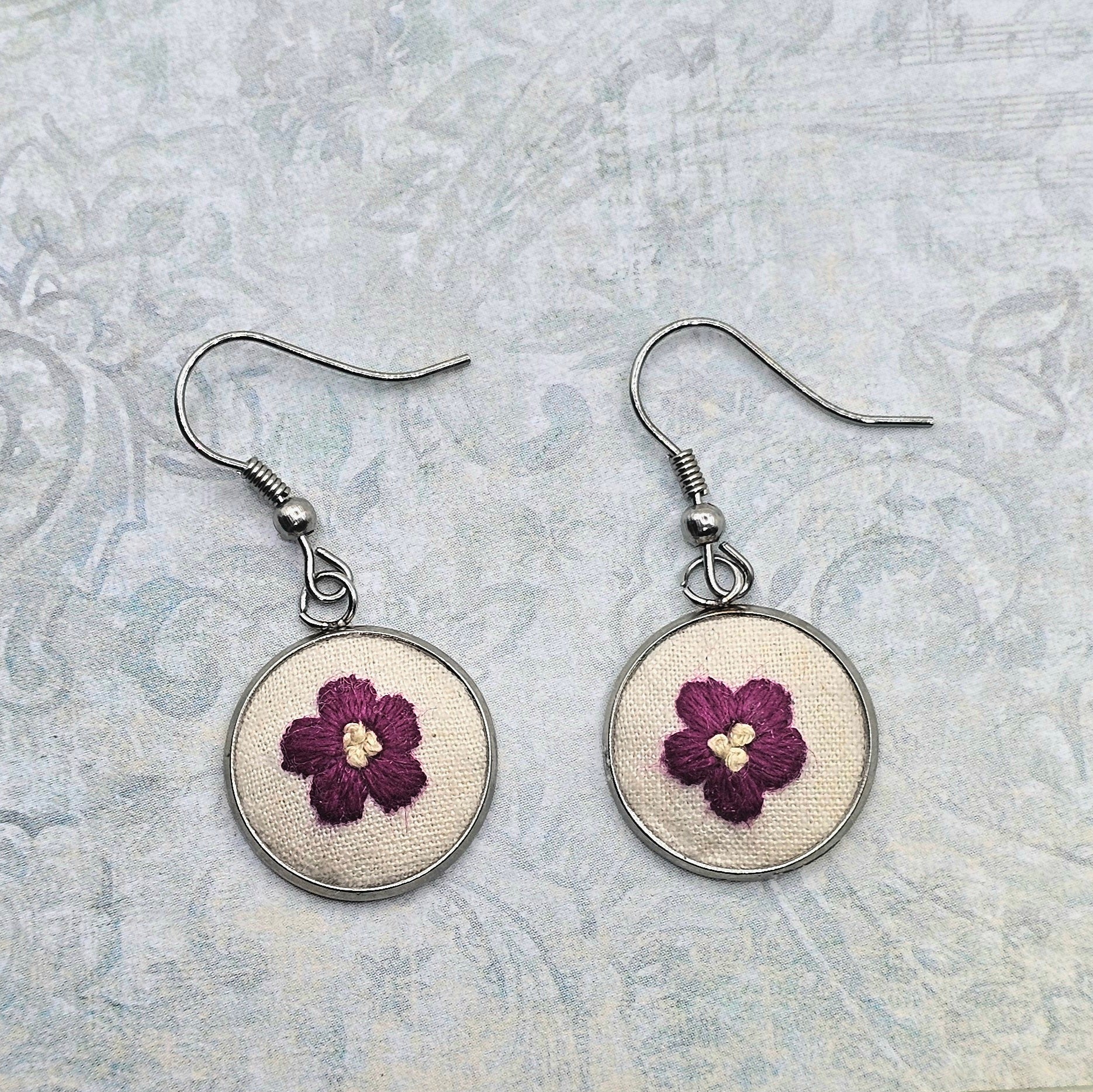 Flower Earrings - Hot Pink/Yellow - Silver - Hand Embroidery