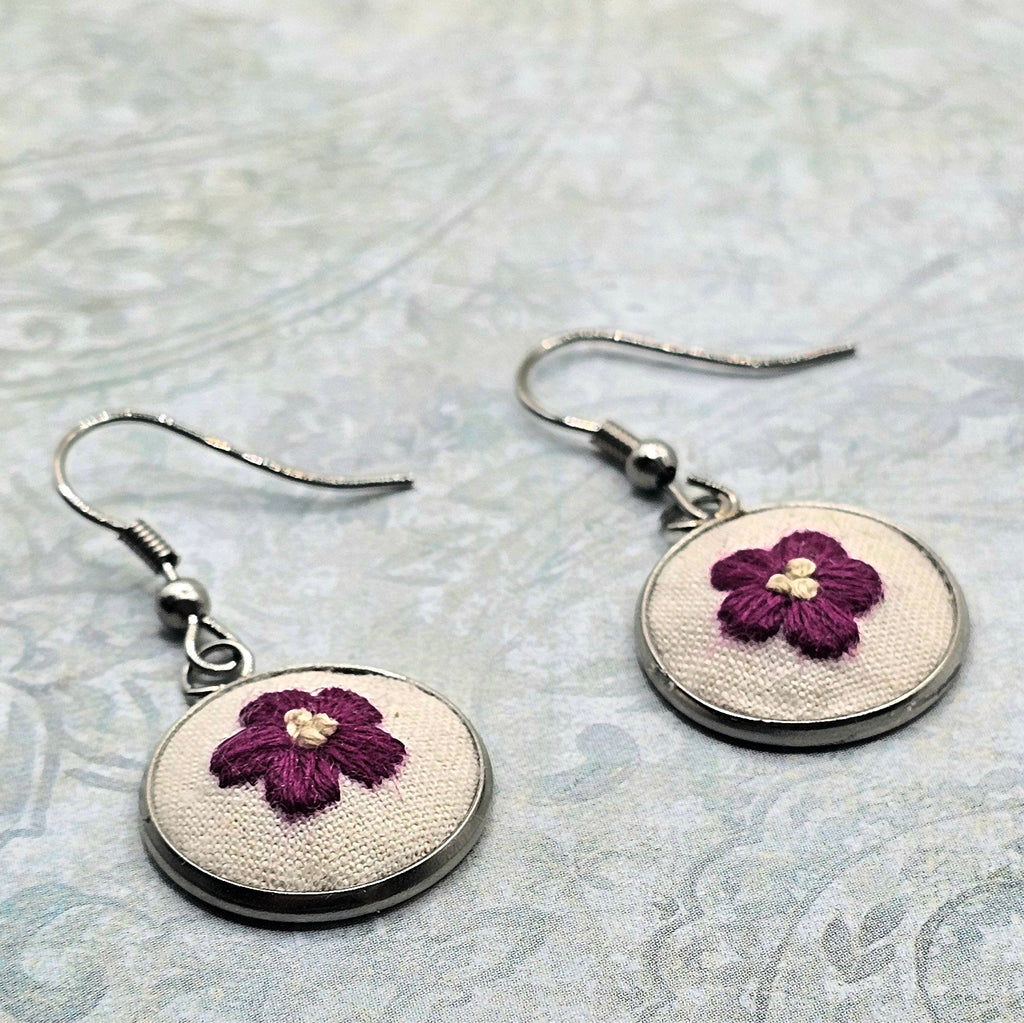 Flower Earrings - Hot Pink/Yellow - Silver - Hand Embroidery