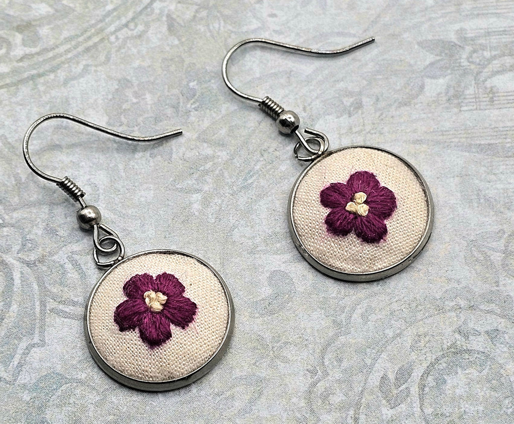 Flower Earrings - Hot Pink/Yellow - Silver - Hand Embroidery