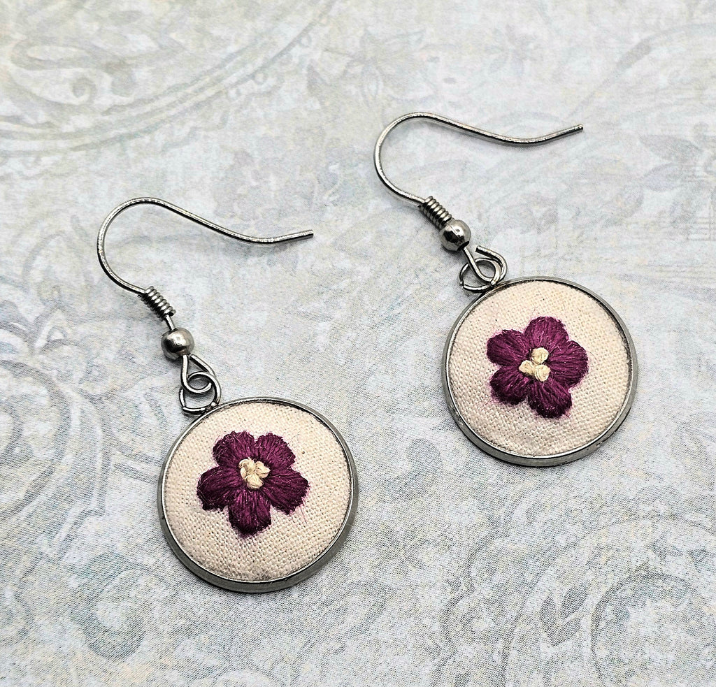 Flower Earrings - Hot Pink/Yellow - Silver - Hand Embroidery