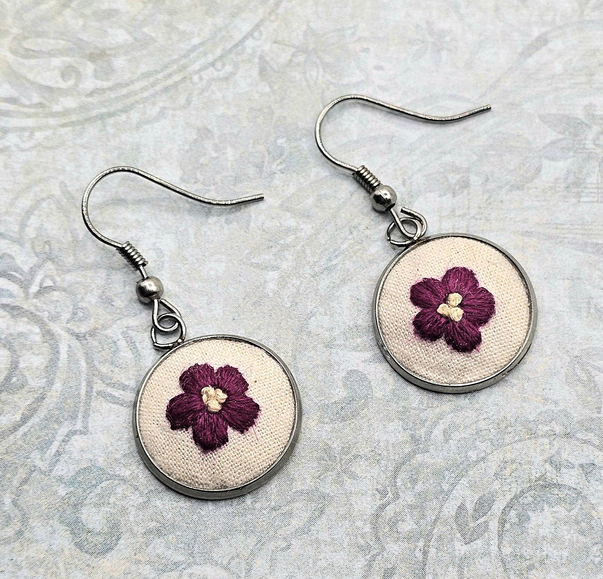 Flower Earrings - Hot Pink/Yellow - Silver - Hand Embroidery