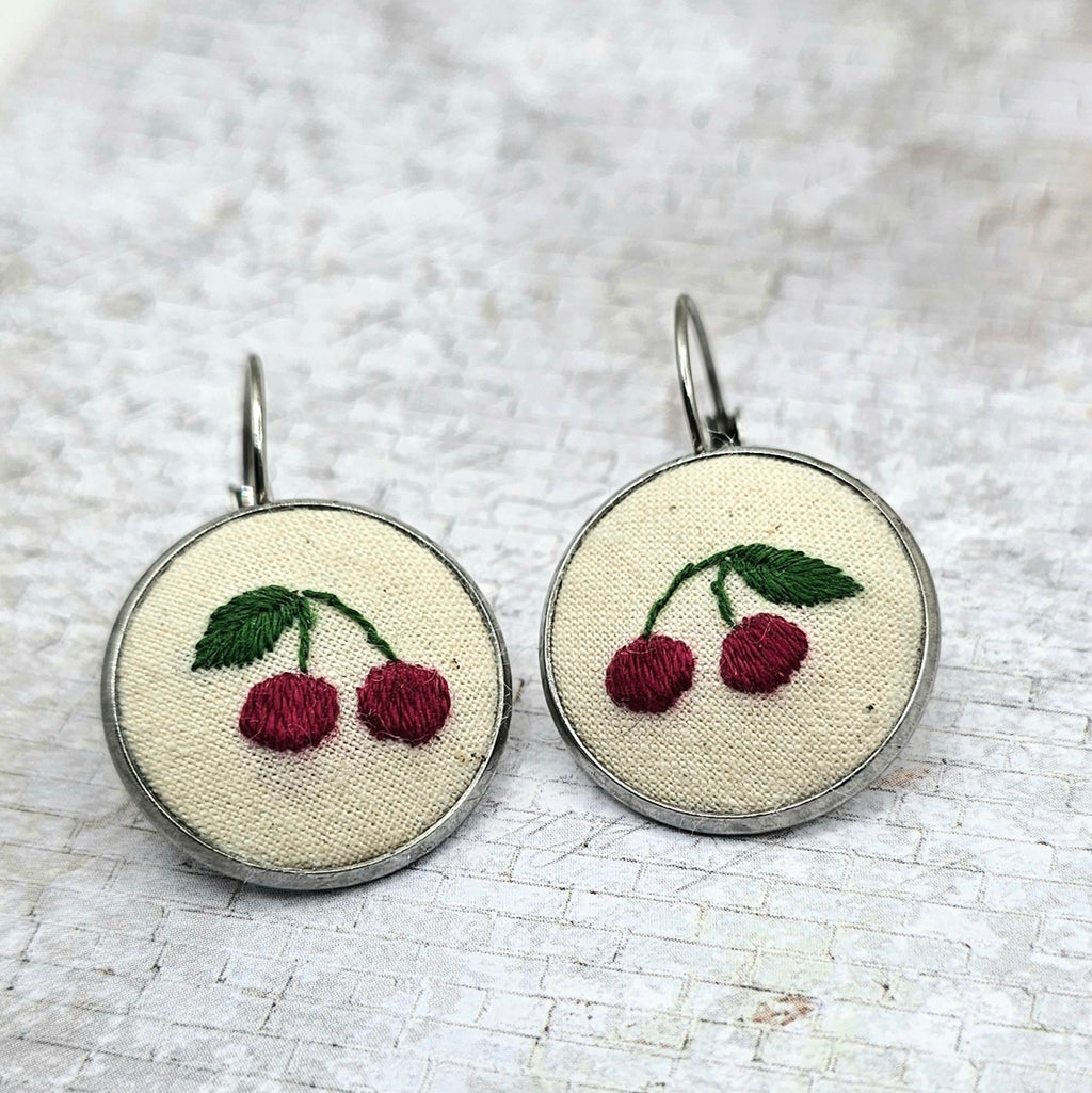 Cherry Earrings - Silver - Hand Embroidery