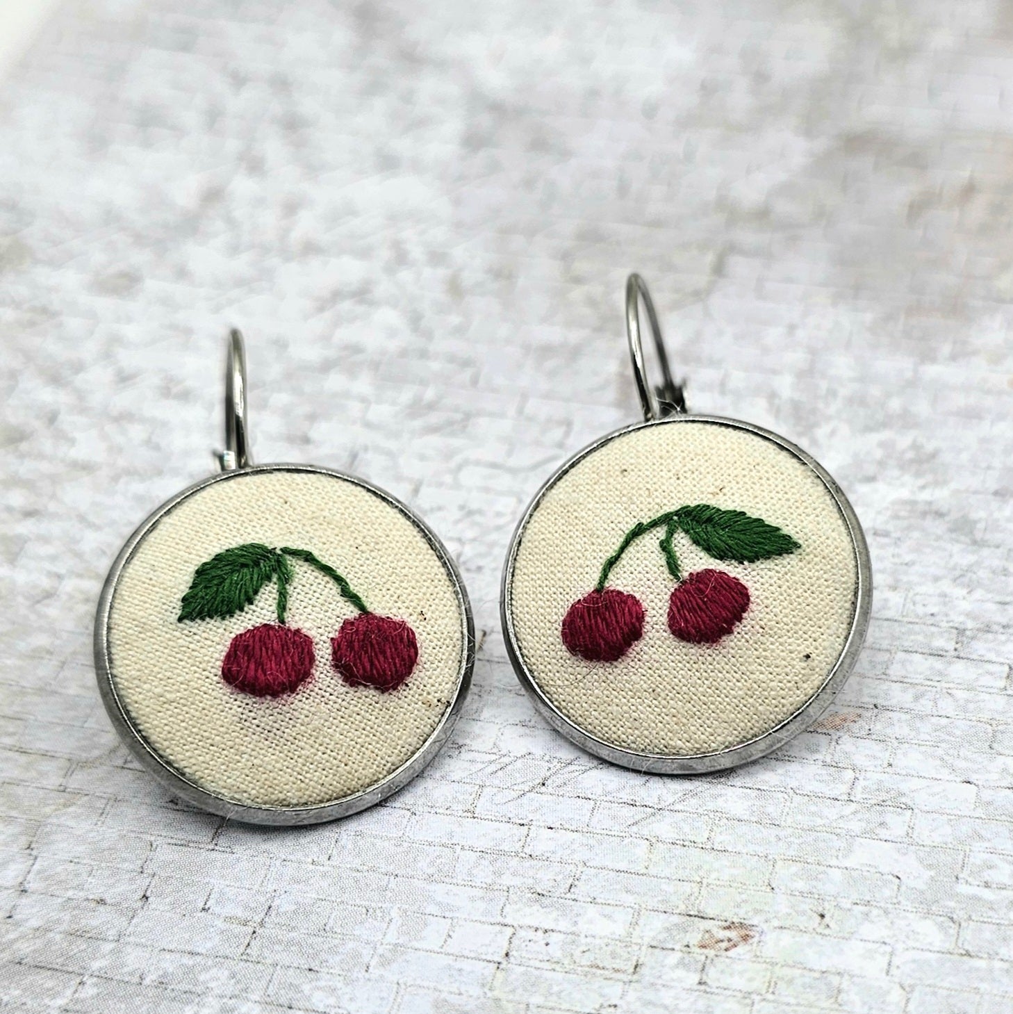 Cherry Earrings - Silver - Hand Embroidery
