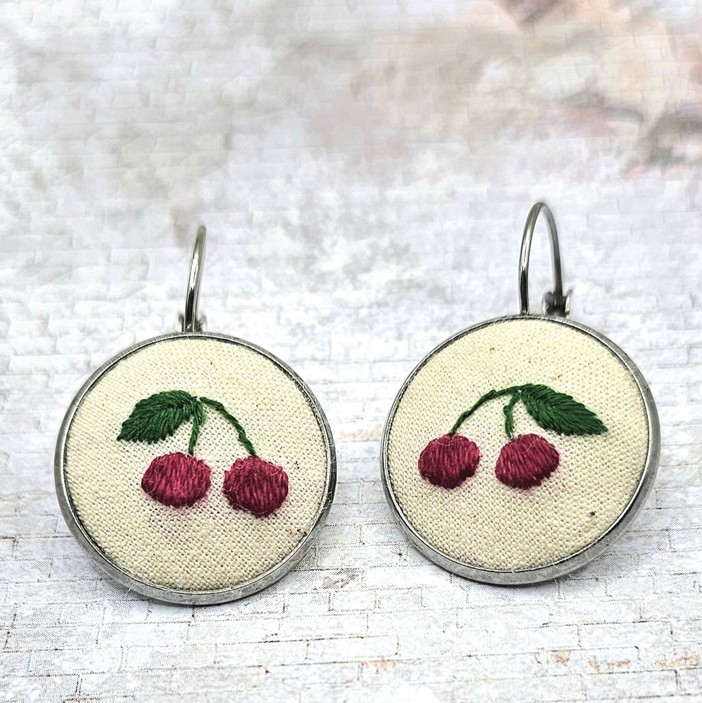 Cherry Earrings - Silver - Hand Embroidery