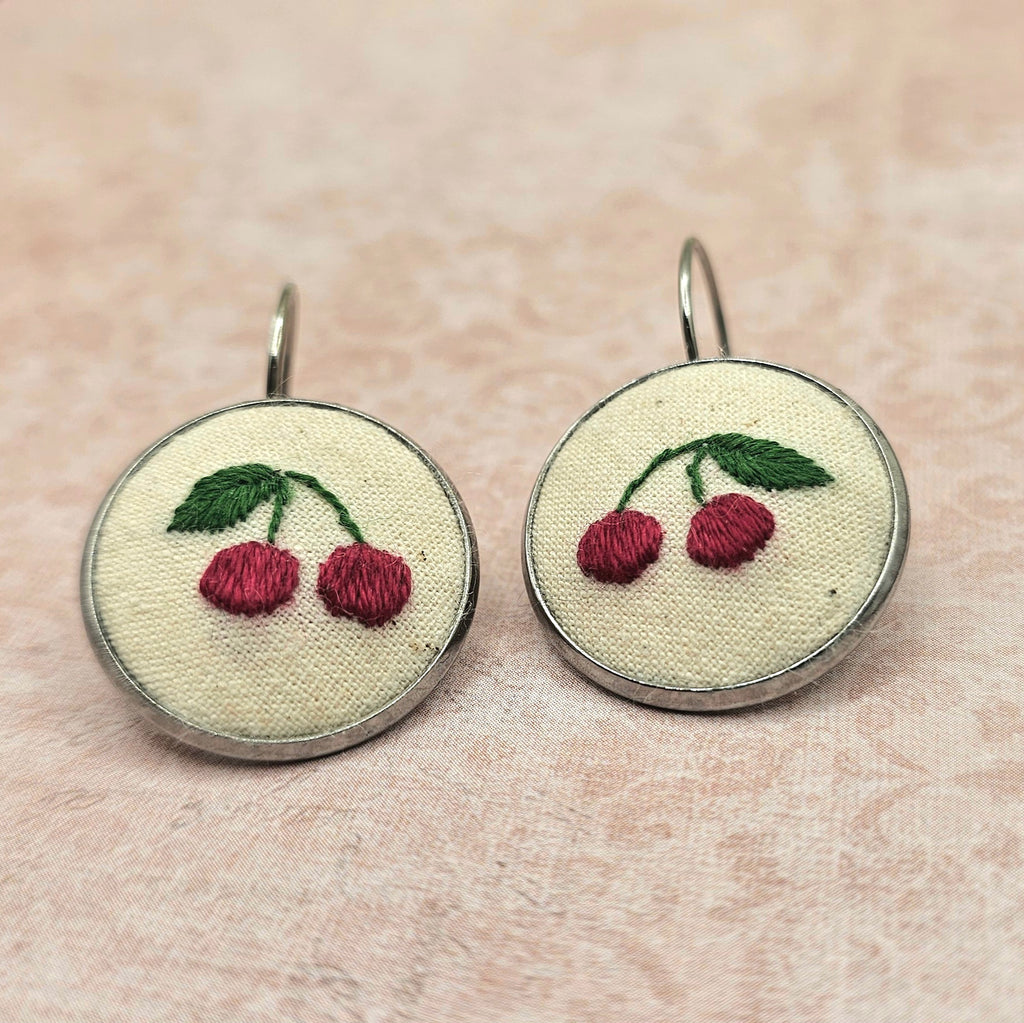 Cherry Earrings - Silver - Hand Embroidery