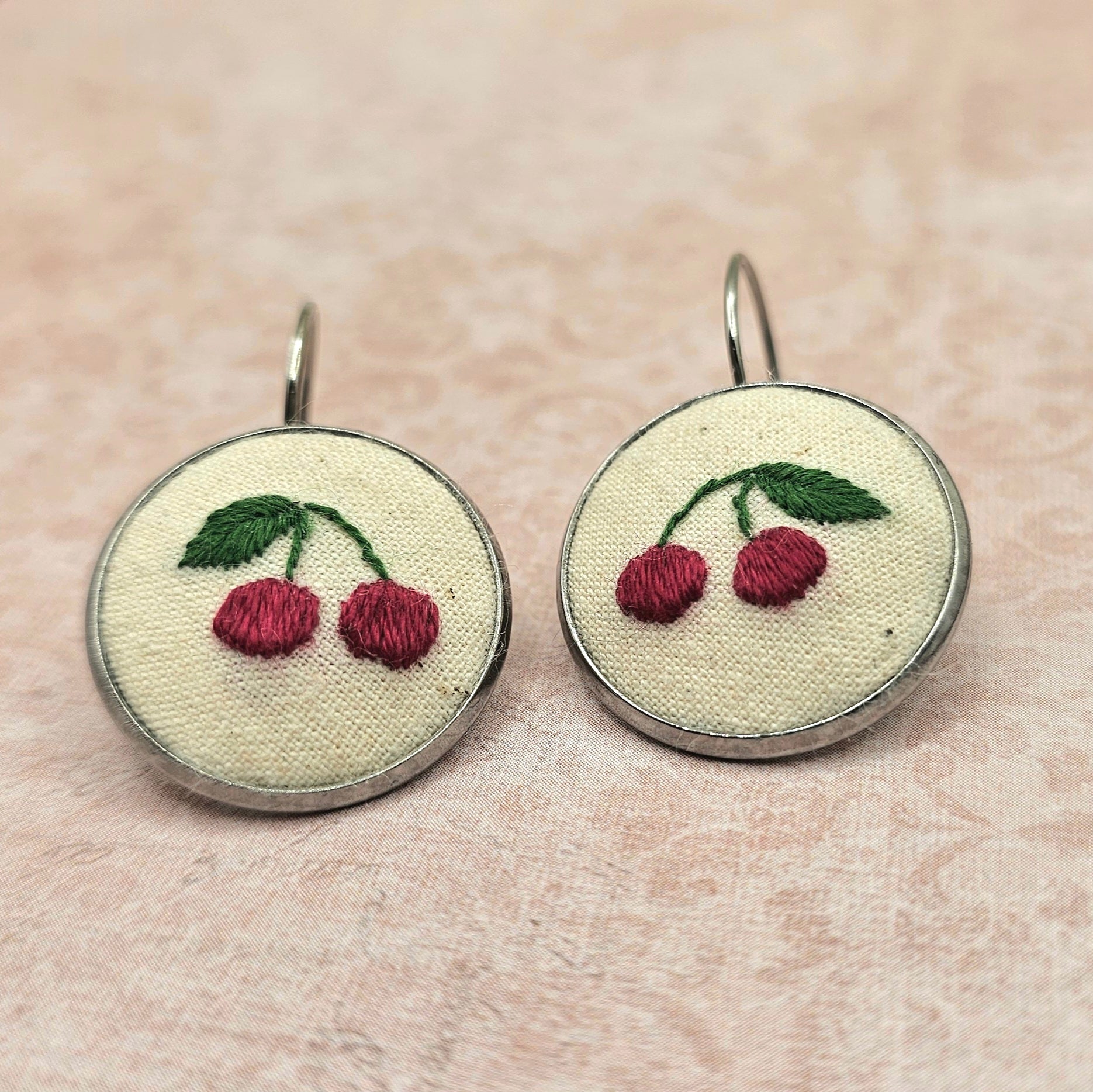 Cherry Earrings - Silver - Hand Embroidery