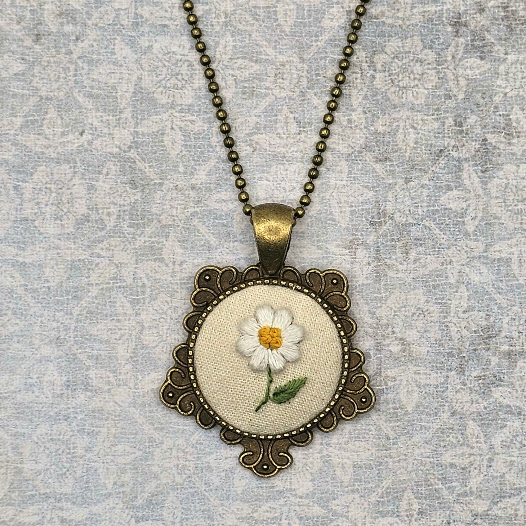 Daisy Flower Necklace - Brass - Hand Embroidery