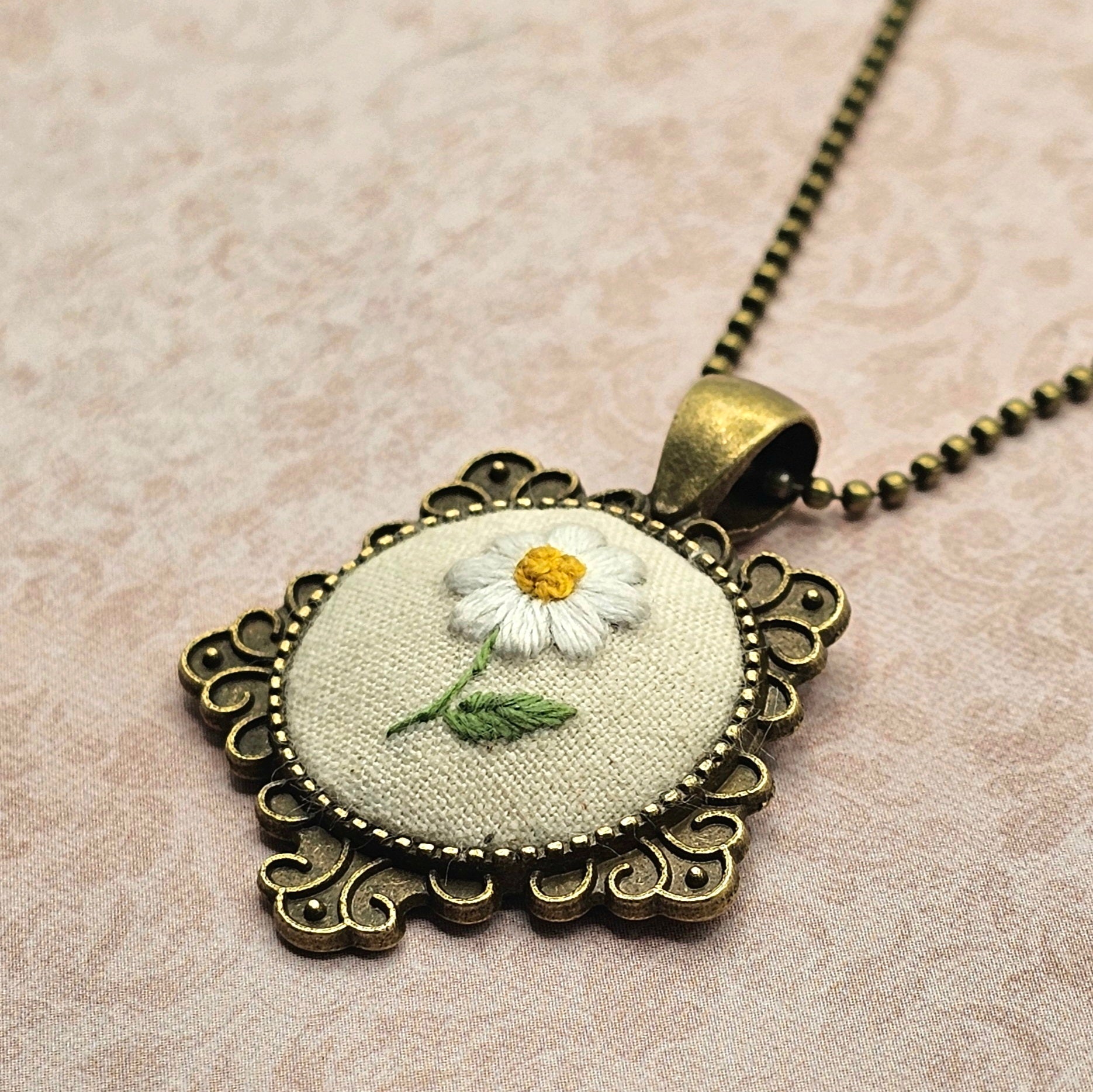 Daisy Flower Necklace - Brass - Hand Embroidery