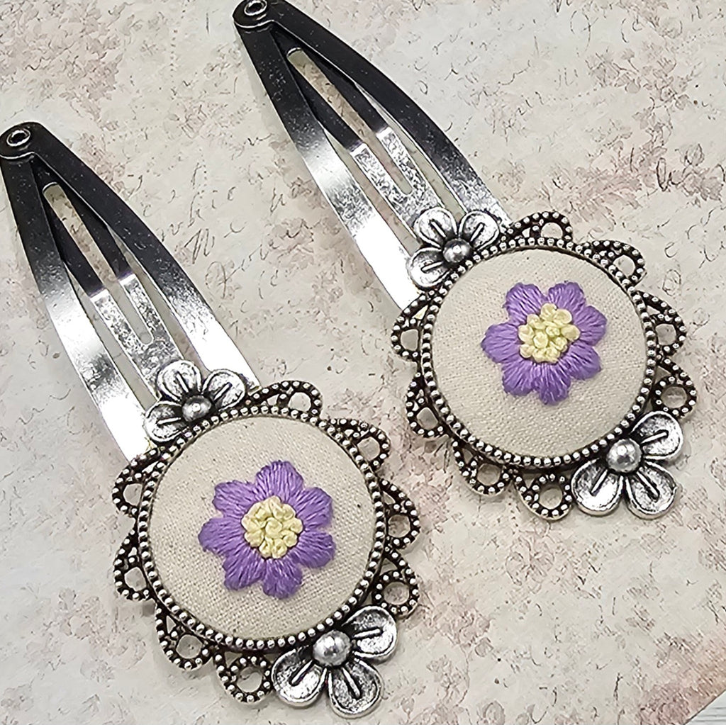 Flower Barrettes - Lavender/Yellow - Silver - Hand Embroidery