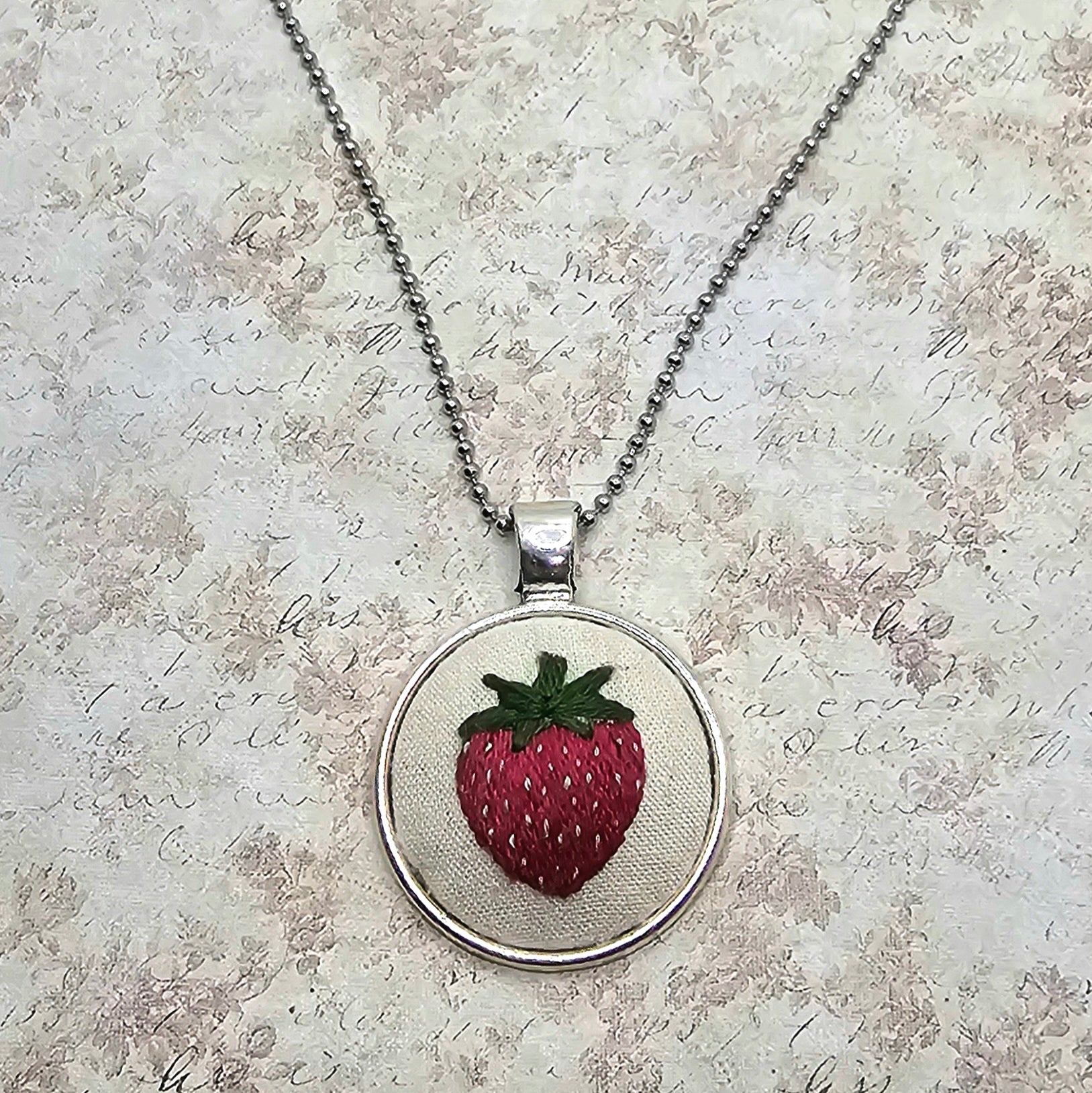 Strawberry Necklace - Silver - Hand Embroidery
