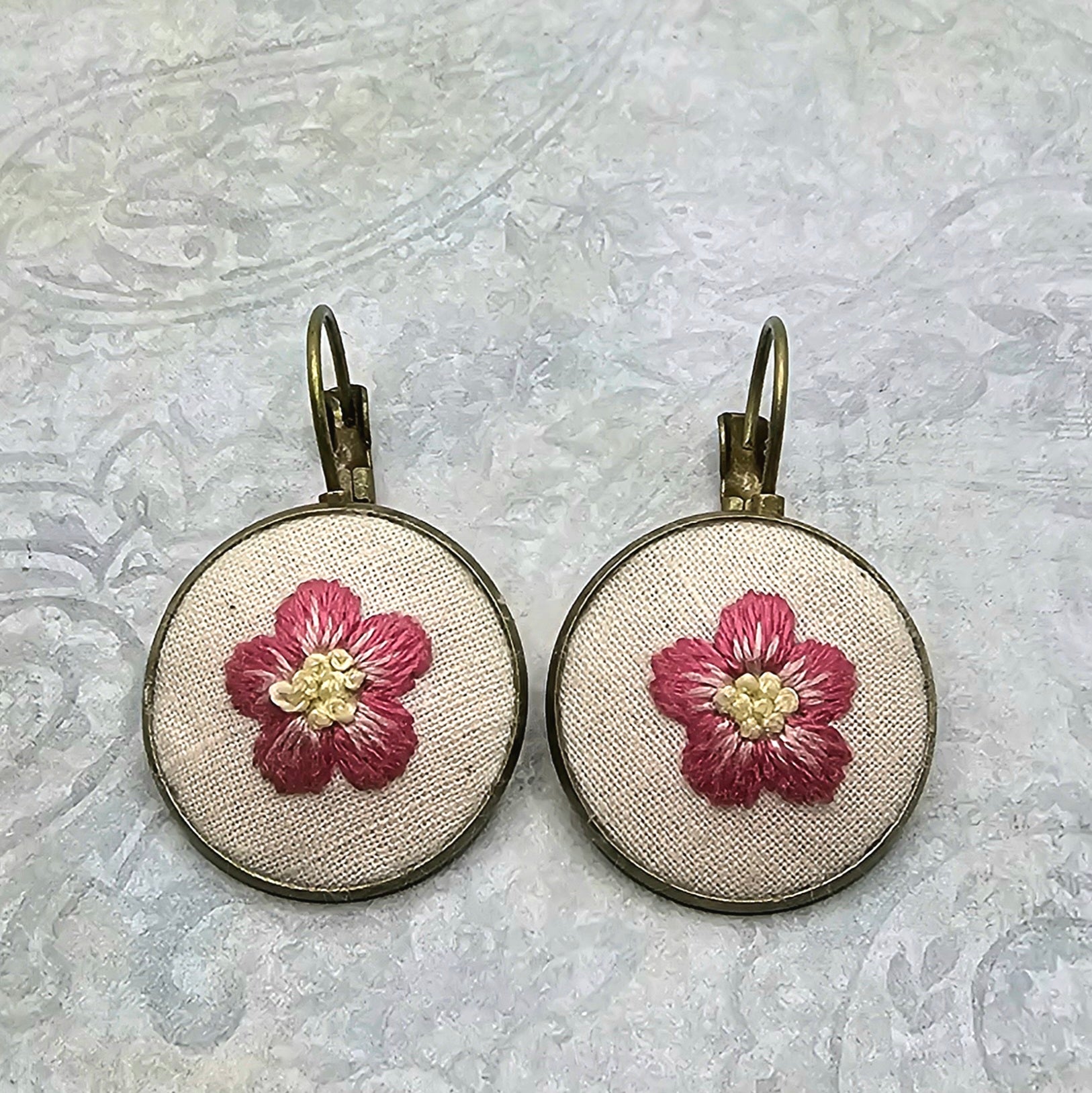 Pink/Yellow Flower Earrings - Brass - Hand Embroidery