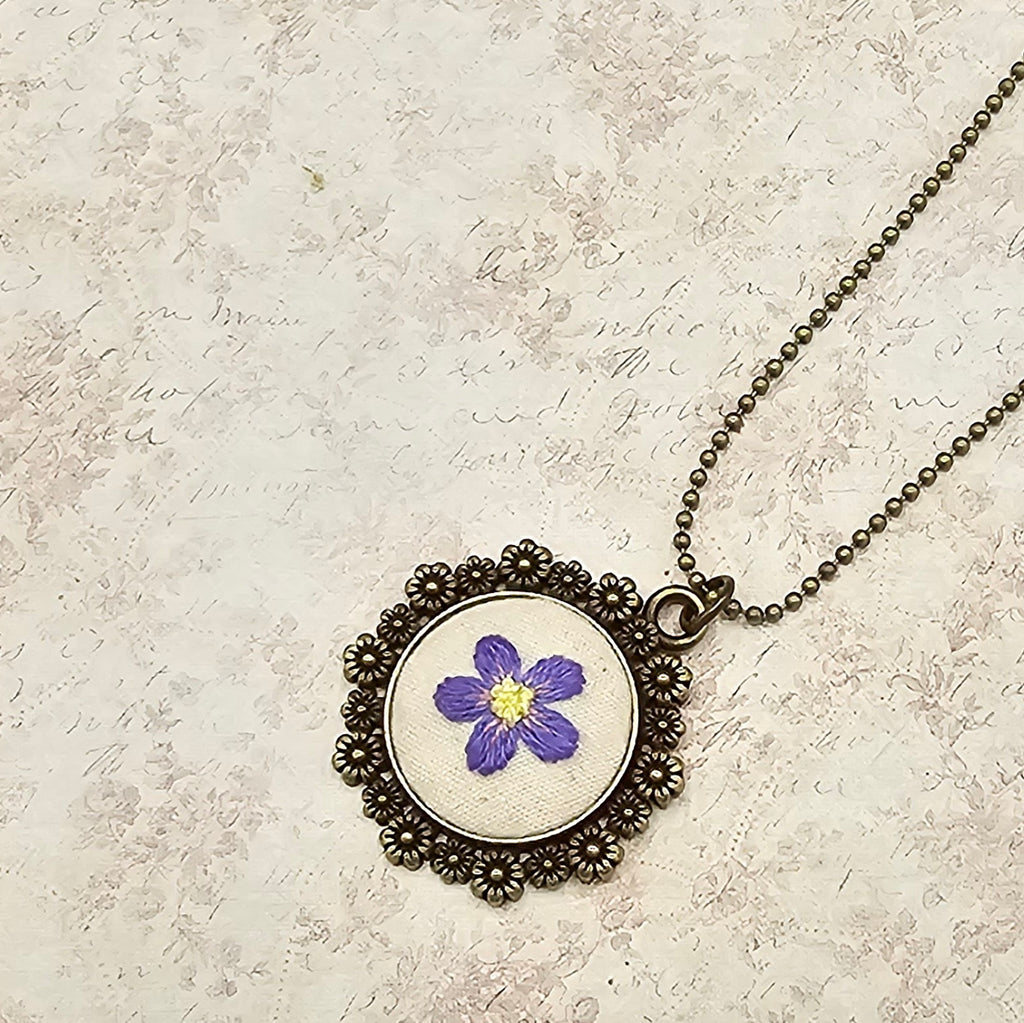 Purple/Yellow Flower Necklace - Brass - Hand Embroidery