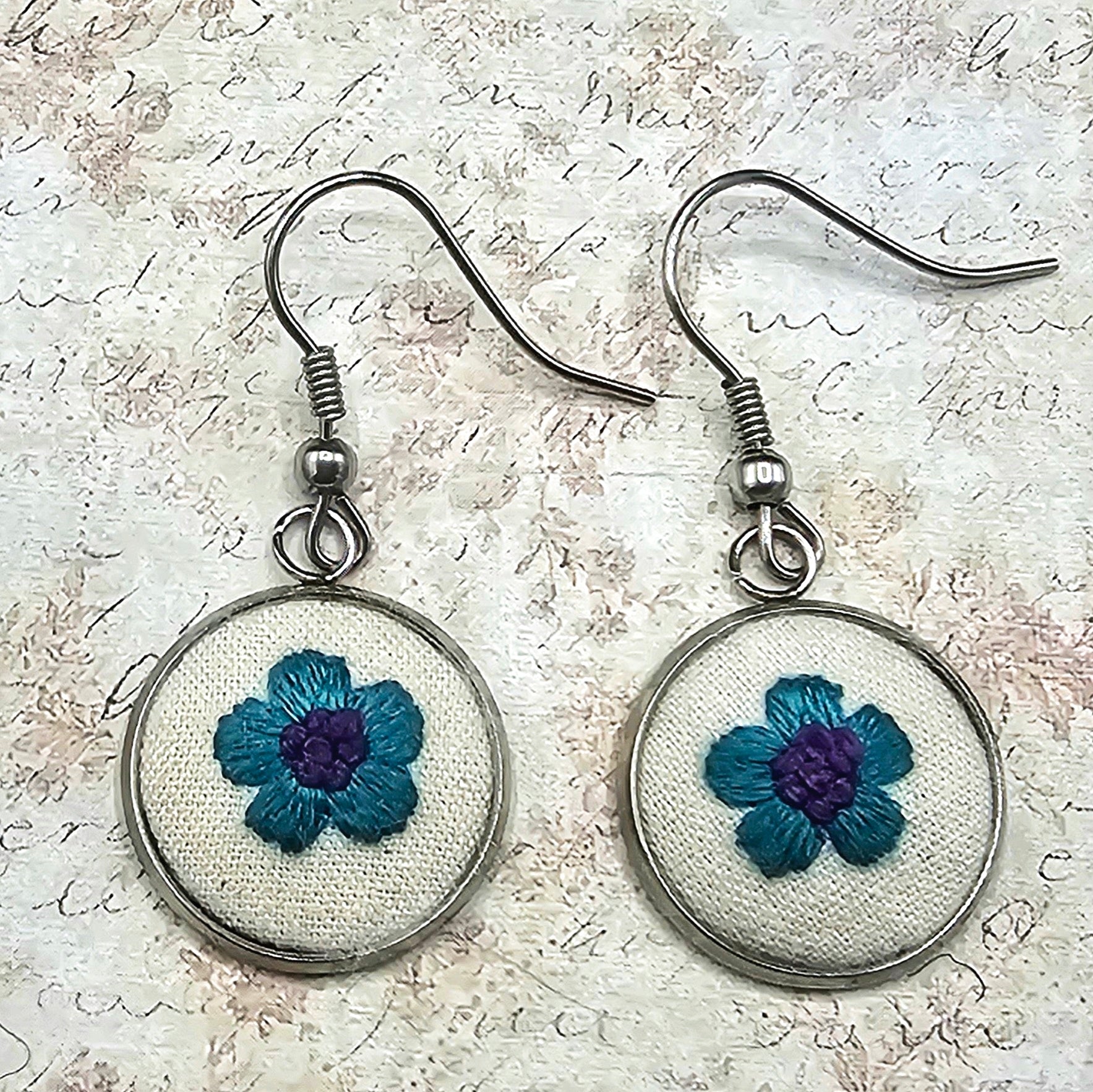 Flower Earrings - Teal/Purple - Silver - Hand Embroidery
