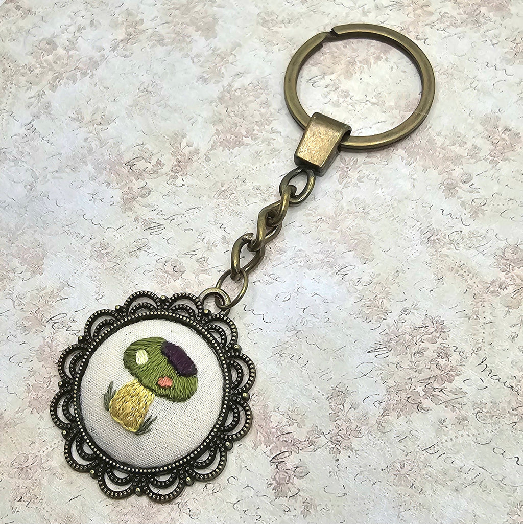 Mushroom Keychain - Brass - Hand Embroidery
