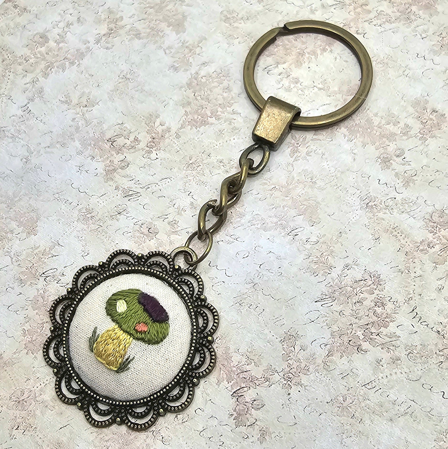 Mushroom Keychain - Brass - Hand Embroidery