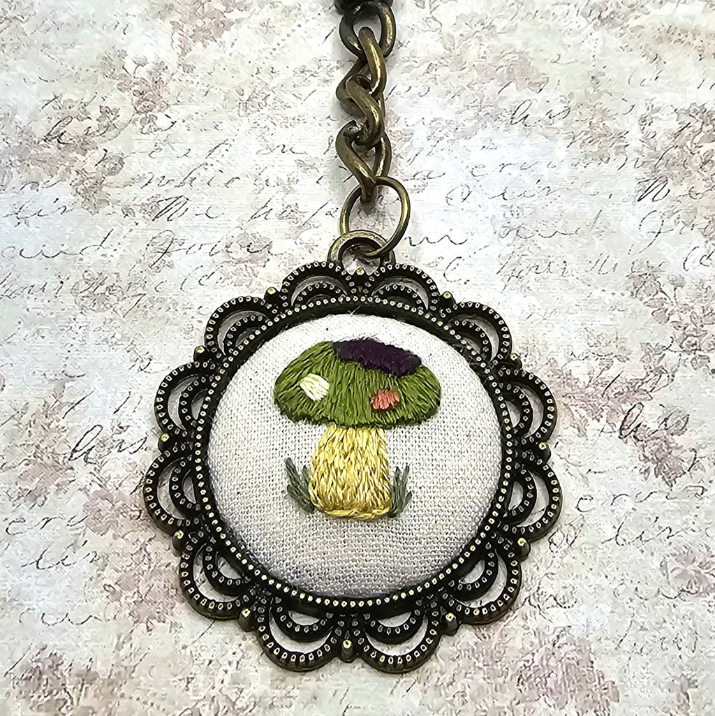 Mushroom Keychain - Brass - Hand Embroidery