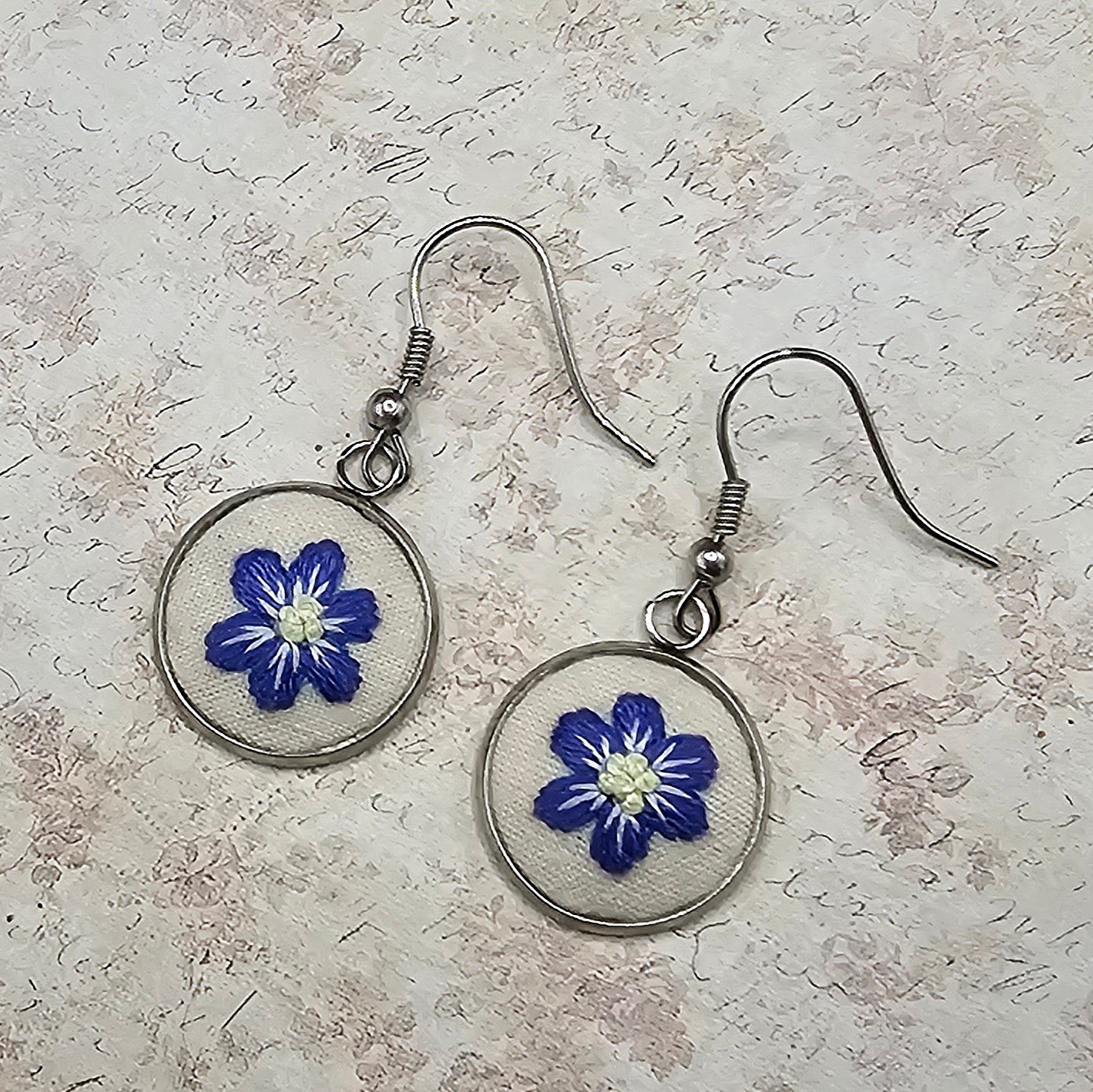 Flower Earrings - Purple/Yellow - Silver - Hand Embroidery