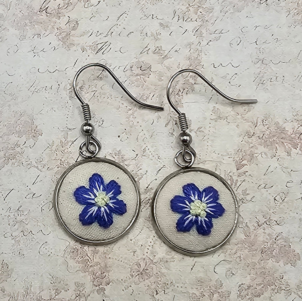 Flower Earrings - Purple/Yellow - Silver - Hand Embroidery
