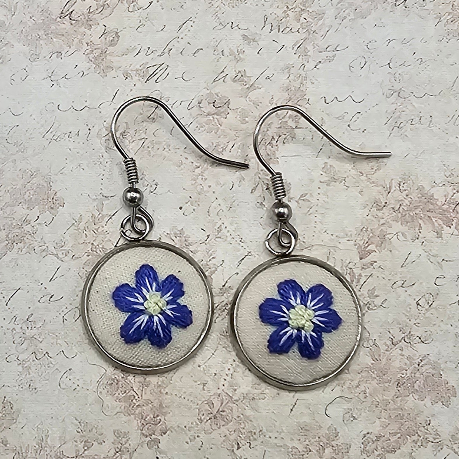 Flower Earrings - Purple/Yellow - Silver - Hand Embroidery