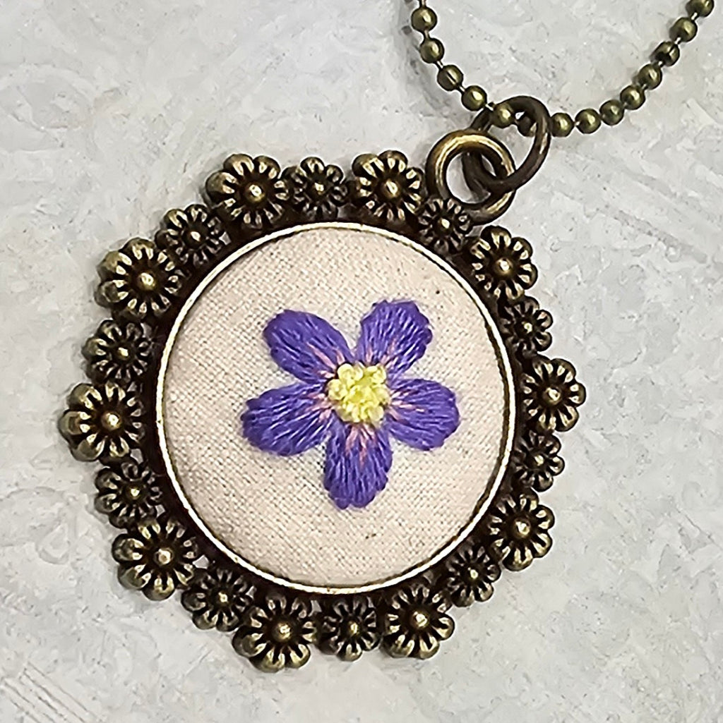Purple/Yellow Flower Necklace - Brass - Hand Embroidery