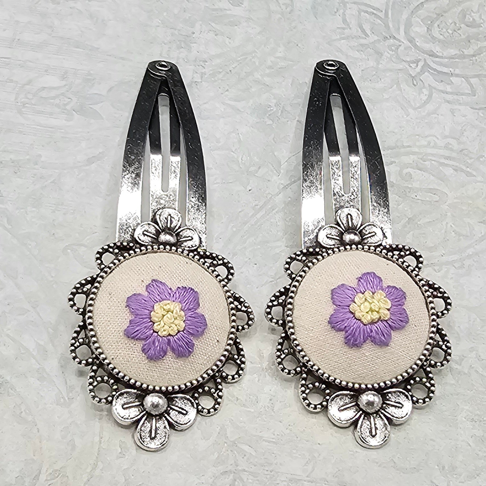 Flower Barrettes - Lavender/Yellow - Silver - Hand Embroidery